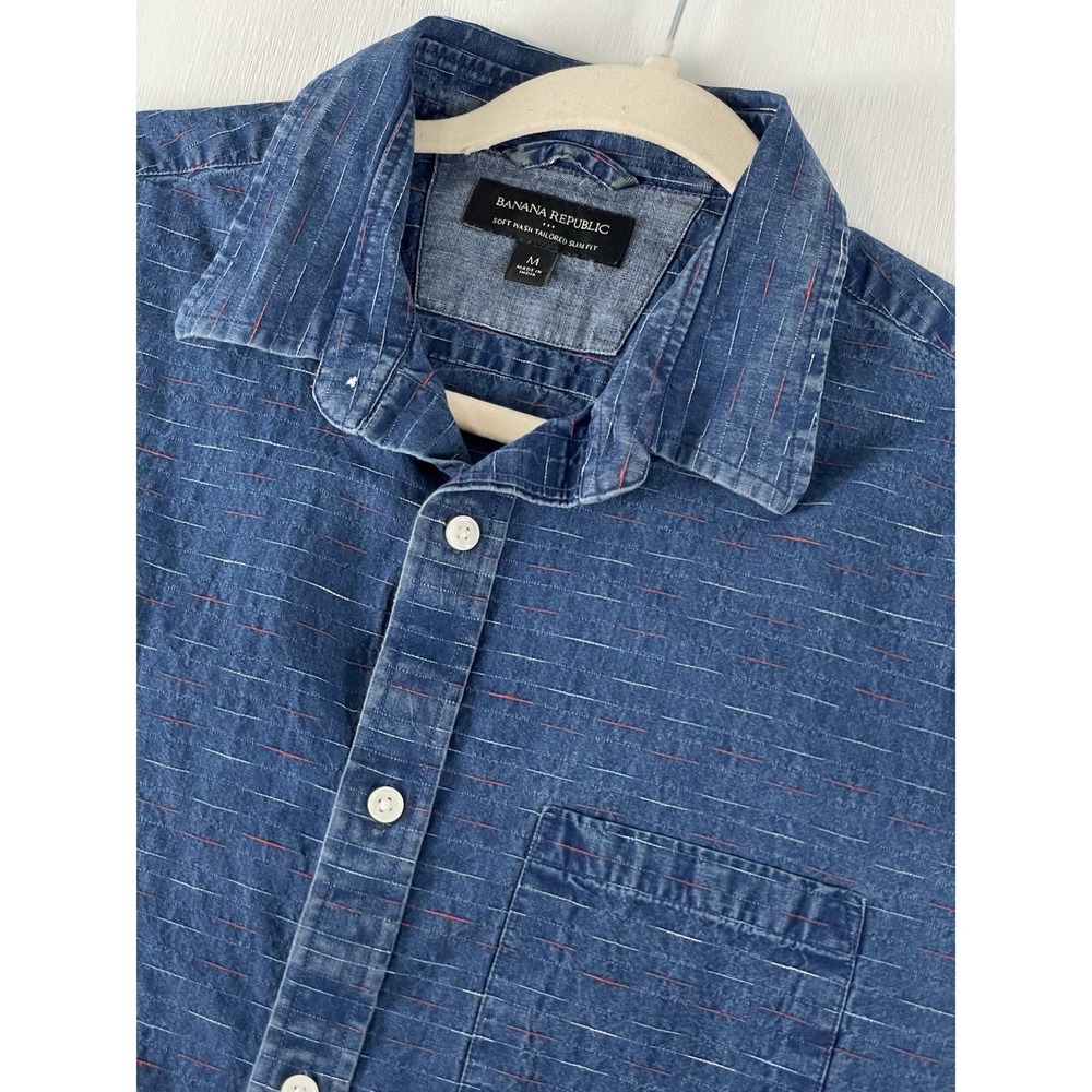 Banana Republic Mens Denim Slim Fit Shirt Size M Button Up USA Red Blue Stitch - Picture 10 of 11